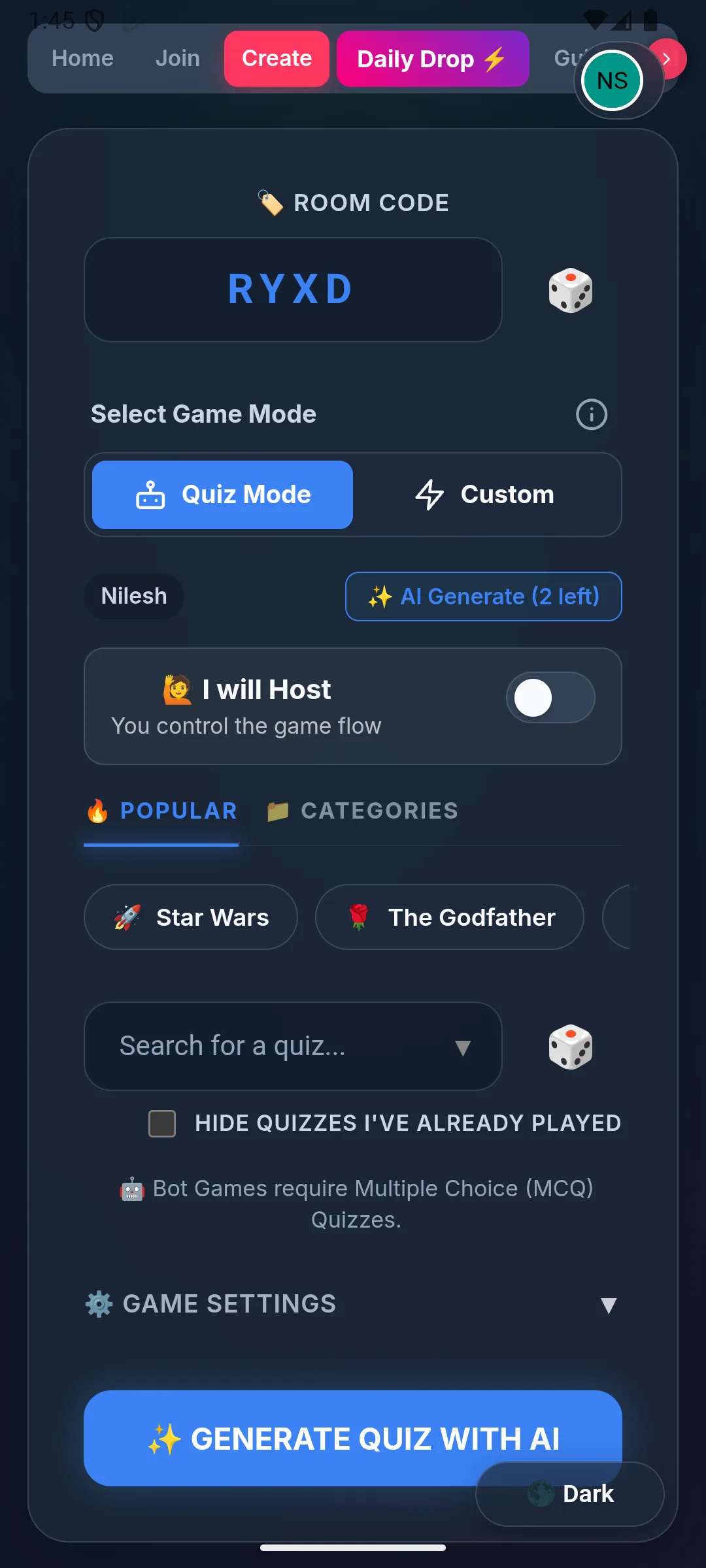Choosing the game format when creating a room