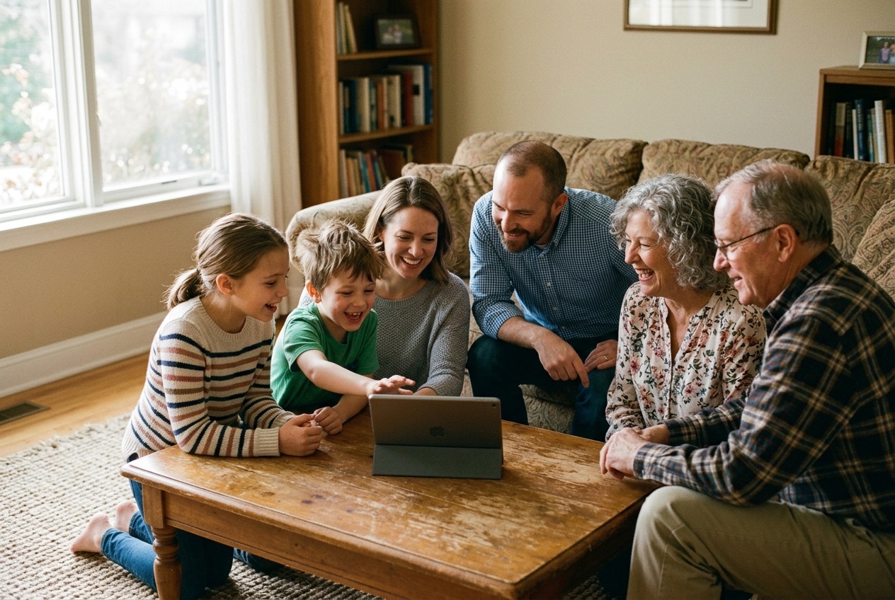 Grandparents, parents and children laughing around a coffee table on family game night