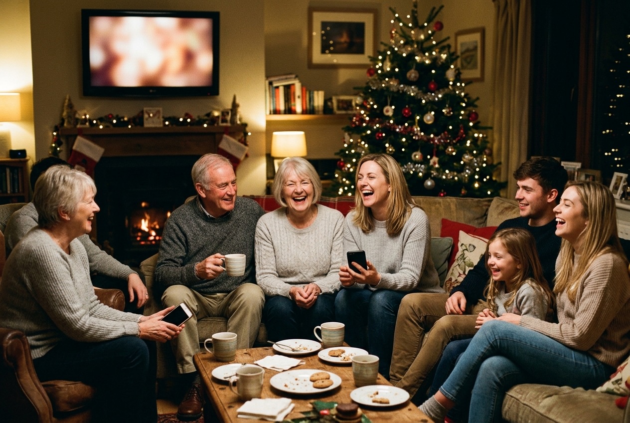 Three generations of a family laughing together by the fire at a holiday party