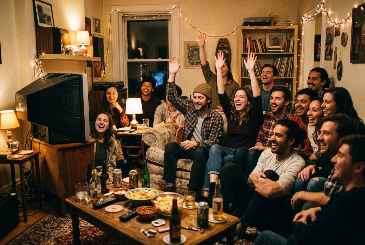 A packed living room of friends with hands raised, playing a game show at a house party