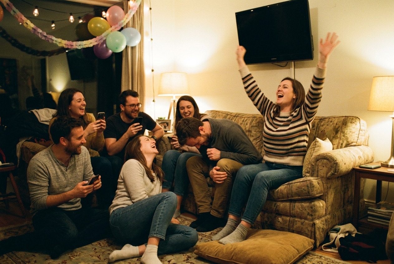 Friends laughing and cheering together on a sofa during a birthday trivia night at home