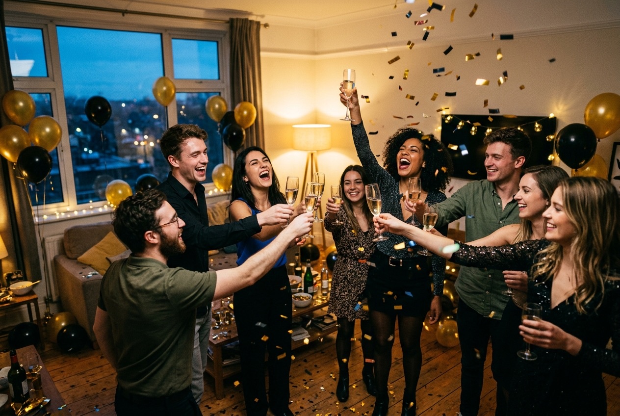 Friends raising champagne glasses and cheering as confetti falls at a New Year's Eve house party