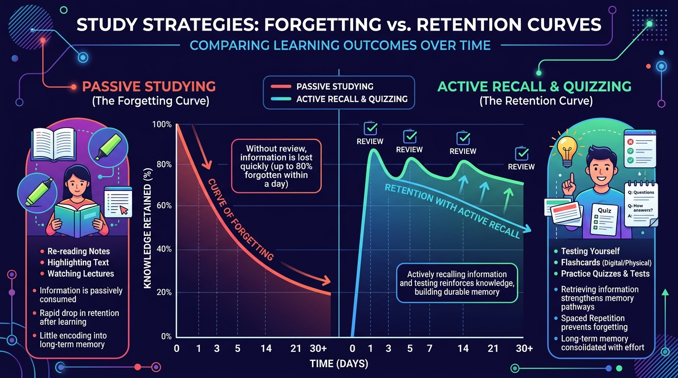 Forgetting Curve vs. Active Recall Retention Infographic