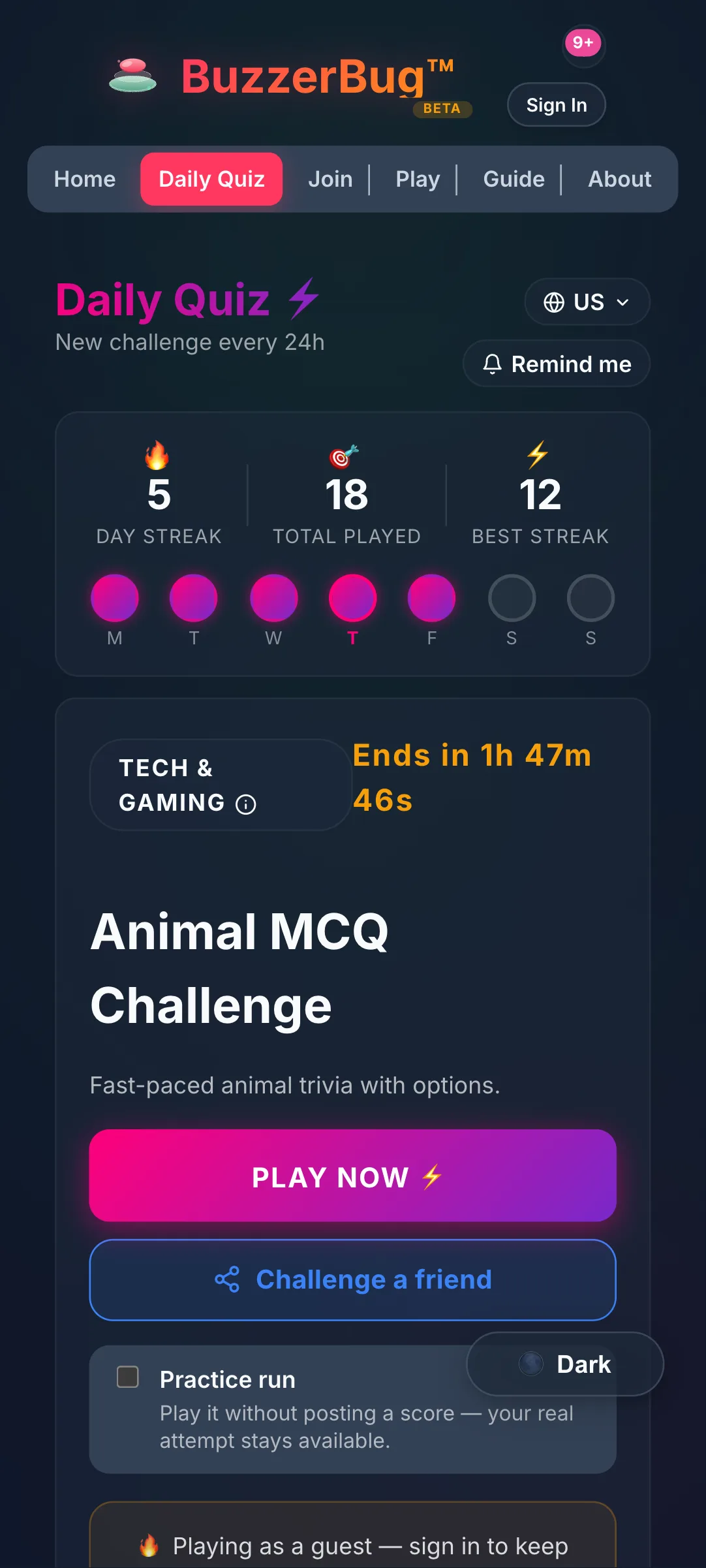BuzzerBug Daily Quiz Challenge Screen