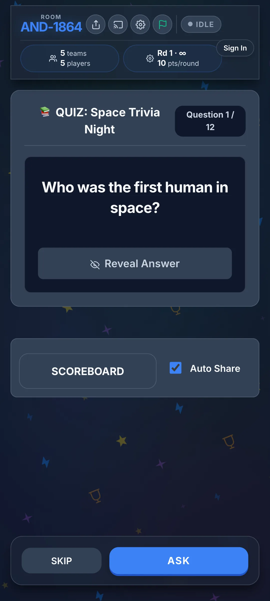Host Control Dashboard for Managing Questions and Scoring